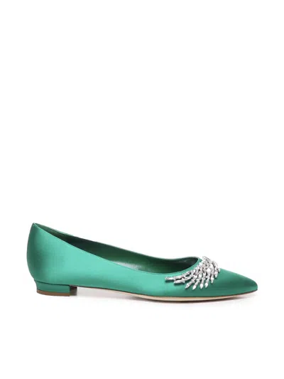 Manolo Blahnik Flat Pumps With Satin Jewel Buckle In Green