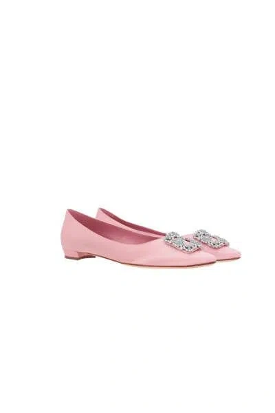 Manolo Blahnik Hangisi Flat Satin Jewel Buckle Flat Shoes In Pink