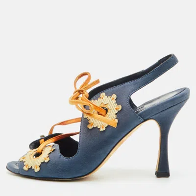 Pre-owned Manolo Blahnik Floral Applique Size 36 Navy Blue Leather And Lizard Slingback Sandals