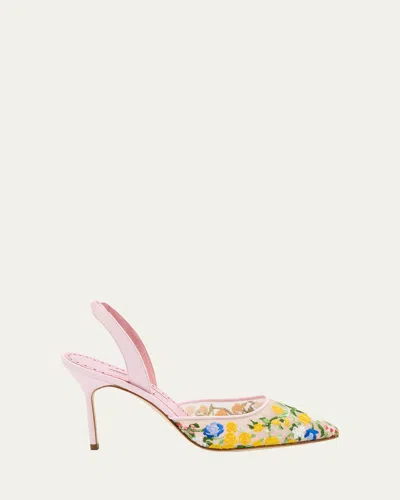 Manolo Blahnik Floral Embroidered Mesh Slingback Pumps In Yellow Multi/light Pink