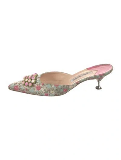 Pre-owned Manolo Blahnik Floral Print Beaded Accents Mules In Green