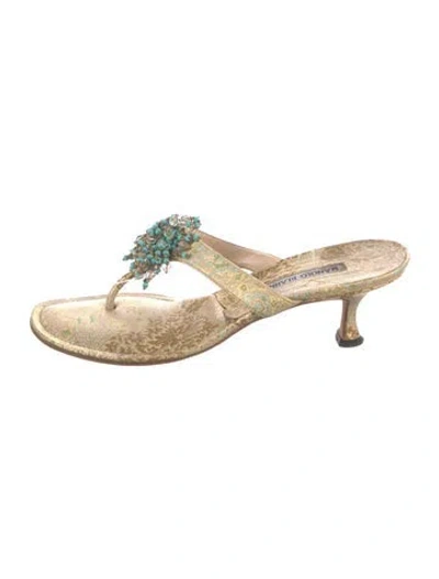 Pre-owned Manolo Blahnik Floral Print Beaded Accents Mules In Neutral