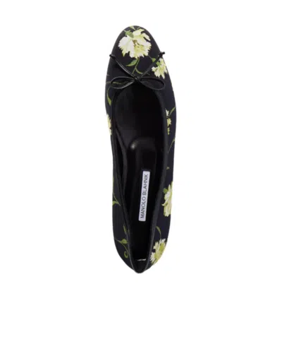 Manolo Blahnik Floral Print Satin Ballet Flats In Black