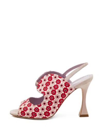 Pre-owned Manolo Blahnik Floral-print Slingback Sandals In Red