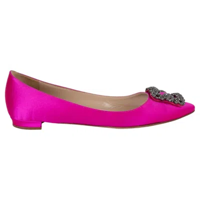 Pre-owned Manolo Blahnik Fuchsia Pink Satin Hangisi Crystal Ballet Flats Shoes 37