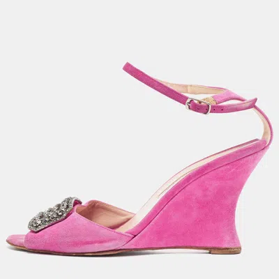 Pre-owned Manolo Blahnik Fuchsia Suede Crystal Embellished Trice Wedge Sandals Size 38.5 In Pink