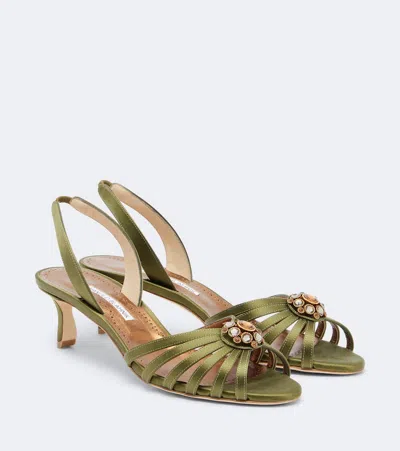 Manolo Blahnik Fulma Embellished Satin Slingback Sandals In Green