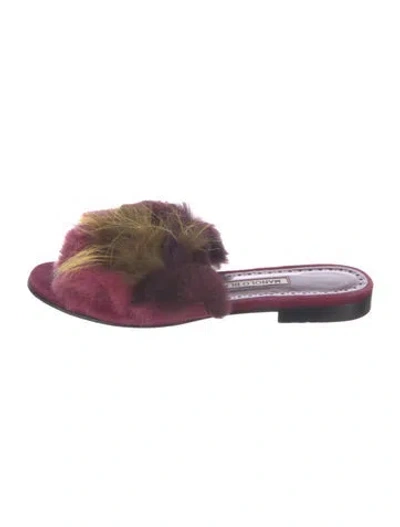Pre-owned Manolo Blahnik Fur Fur Trim Slides In Burgundy