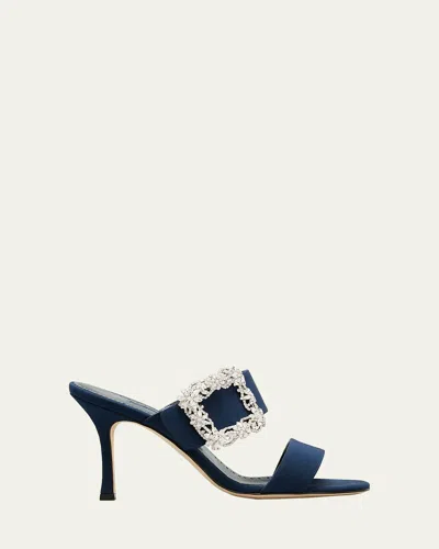 Manolo Blahnik Gable Crystal Buckle Slide Sandals In Navy