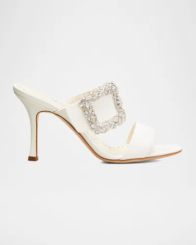 Manolo Blahnik Gable Silk Crystal Buckle Slide Sandals, Cream In White