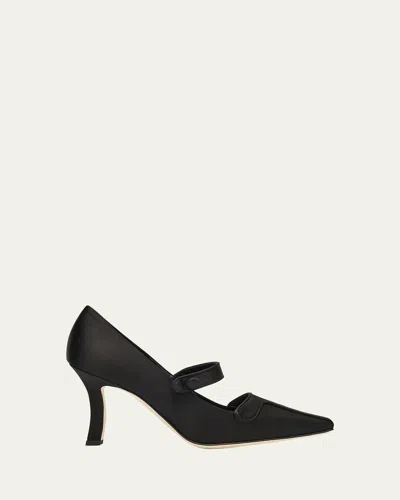 Manolo Blahnik Ganeus Satin Mary Jane Pumps In Black