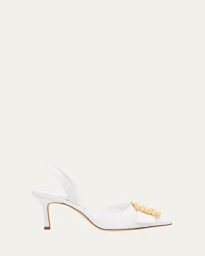 Manolo Blahnik Gibsli Silk Buckle Slingback Pumps In White