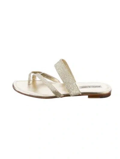 Pre-owned Manolo Blahnik Glitter Patterned Slides In Gold