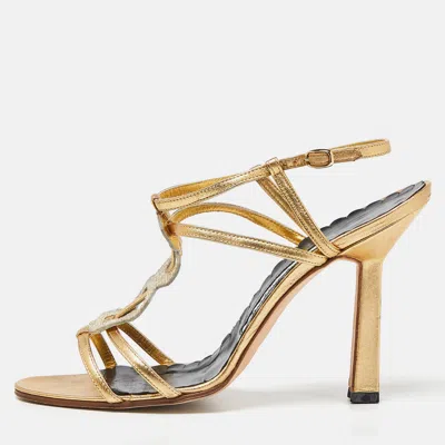Pre-owned Manolo Blahnik Gold Embossed Leather Ankle Strap Sandals Size 39.5