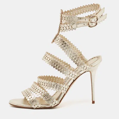 Pre-owned Manolo Blahnik Gold Leather Ankle Strap Sandals Size 37.5