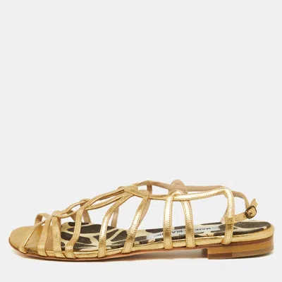 Pre-owned Manolo Blahnik Gold Leather Strappy Flat Sandals Size 38.5