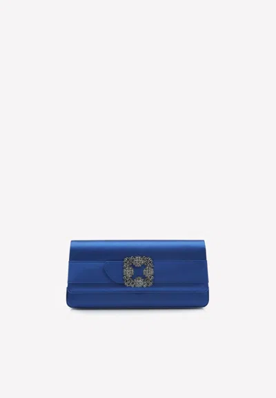 Manolo Blahnik Gothisi Crystal Buckle Satin Clutch In Blue