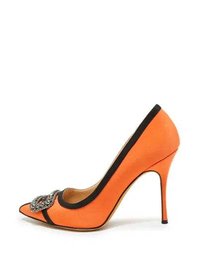 Pre-owned Manolo Blahnik Gotrian Crystal-buckle Pumps In Orange