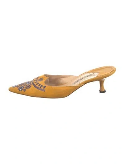 Pre-owned Manolo Blahnik Graphic Print Embroidered Accent Mules In Yellow