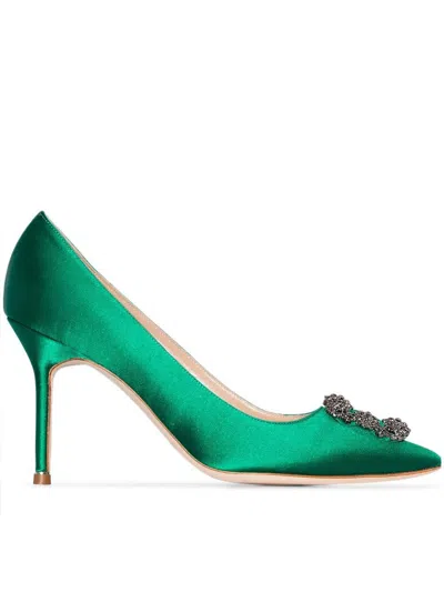 Manolo Blahnik Green Hangisi 90 Satin Pumps