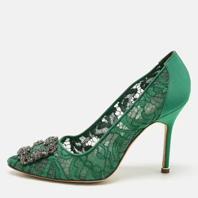 Pre-owned Manolo Blahnik Green Lace And Mesh Hangisi Pumps Size 37.5