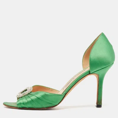 Pre-owned Manolo Blahnik Green Pleated Satin Sedaraby Pumps Size 37