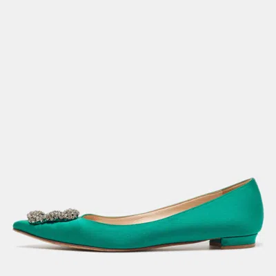 Pre-owned Manolo Blahnik Green Satin Hangisi Ballet Flats Size 37.5