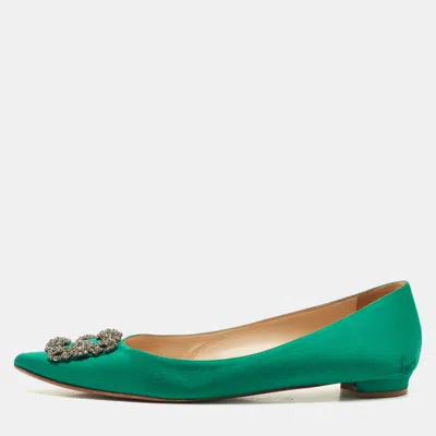 Pre-owned Manolo Blahnik Green Satin Hangisi Ballet Flats Size 42