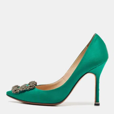 Pre-owned Manolo Blahnik Green Satin Hangisi Crystal Embellished Pumps Size 34.5