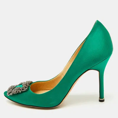 Pre-owned Manolo Blahnik Green Satin Hangisi Crystal Embellished Pumps Size 37.5