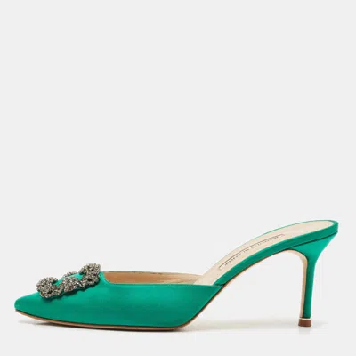 Pre-owned Manolo Blahnik Green Satin Hangisi Mules Size 41