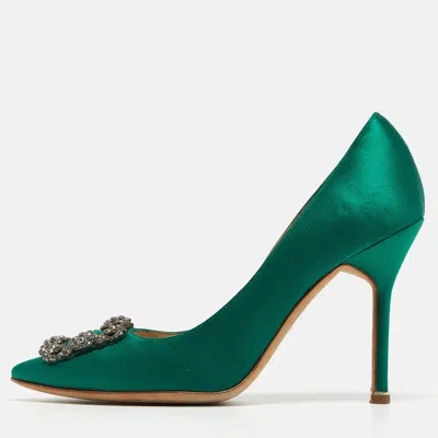 Pre-owned Manolo Blahnik Green Satin Hangisi Pointed Toe Pumps Size 38.5