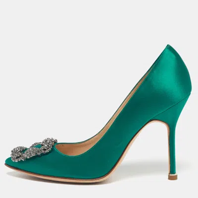 MANOLO BLAHNIK GREEN SATIN HANGISI PUMPS