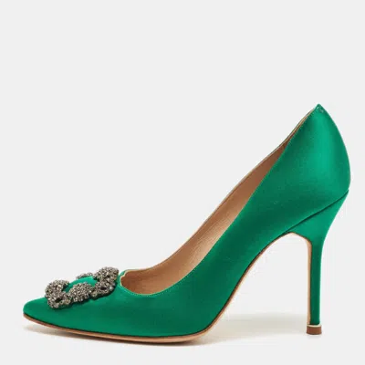 Manolo Blahnik Green Satin Hangisi Pumps In Multi