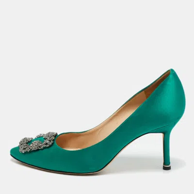 Pre-owned Manolo Blahnik Green Satin Hangisi Pumps Size 38