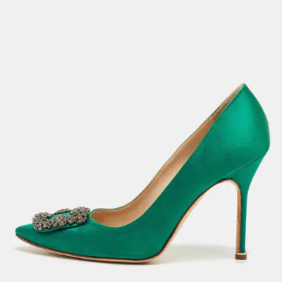 Pre-owned Manolo Blahnik Green Satin Hangisi Pumps Size 38.5