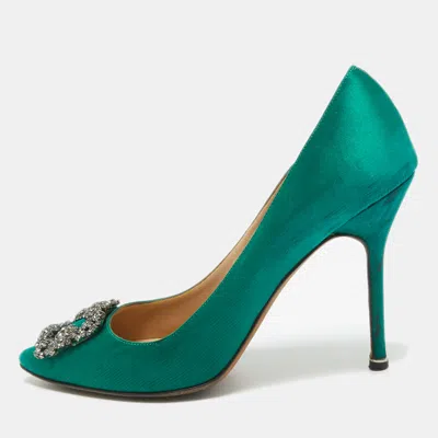 Pre-owned Manolo Blahnik Green Satin Hangisi Pumps Size 42
