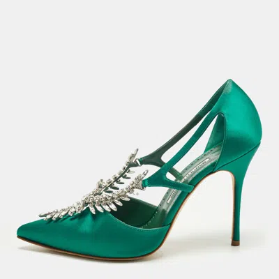 Manolo Blahnik Green Satin Lala Pumps