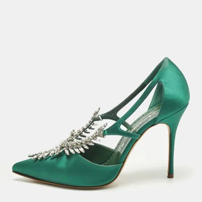 Pre-owned Manolo Blahnik Green Satin Lala Pumps Size 40