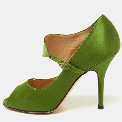 Pre-owned Manolo Blahnik Green Satin Mary Jane Peep Toe Pumps Size 37.5