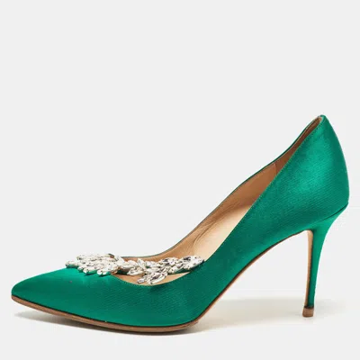 Pre-owned Manolo Blahnik Green Satin Nadira Pumps Size 37.5