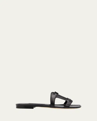 Manolo Blahnik Grellanu Leather Flat Slide Sandals In Black
