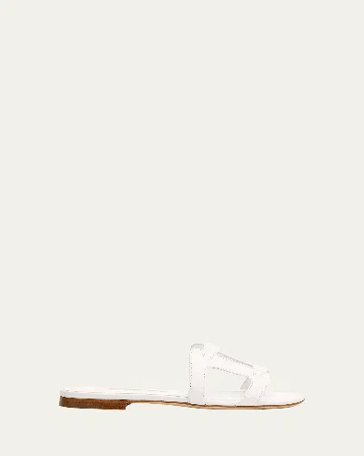 Manolo Blahnik Grellanu Leather Flat Slide Sandals In White