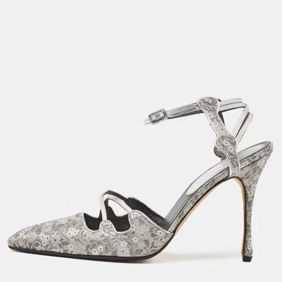 Pre-owned Manolo Blahnik Grey Leather And Brocade Fabric Pointed Toe Strappy Pumps Size 40.5