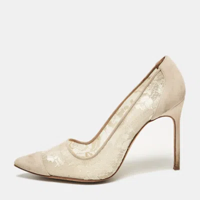 Pre-owned Manolo Blahnik Grey Mesh And Suede Salola Pumps Size 38.5