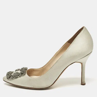 Pre-owned Manolo Blahnik Grey Satin Hangisi Crystal Embellished Pumps Size 36