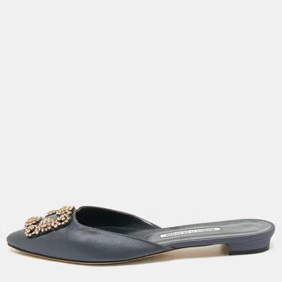 Pre-owned Manolo Blahnik Grey Satin Hangisi Flat Mules Size 39