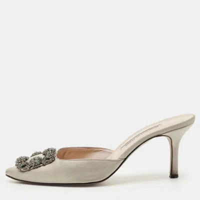 Pre-owned Manolo Blahnik Grey Satin Hangisi Mules Size 38.5 In Gray