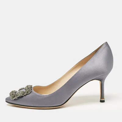 Pre-owned Manolo Blahnik Grey Satin Hangisi Pumps Size 37.5