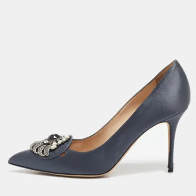 Pre-owned Manolo Blahnik Grey Satin Okkaava Emerald Pumps Size 36.5
